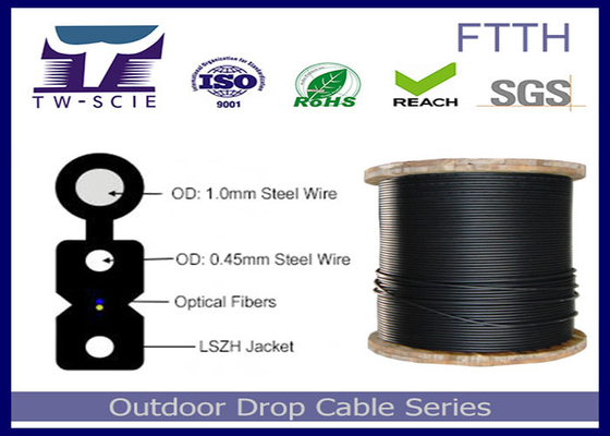 1-4 Core FTTH Drop Cable FRP / Steel Strength Member Covered Flat Optical Cable